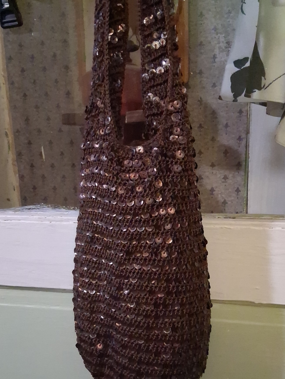 Sequin Crochet Shoulder Bag - Brown